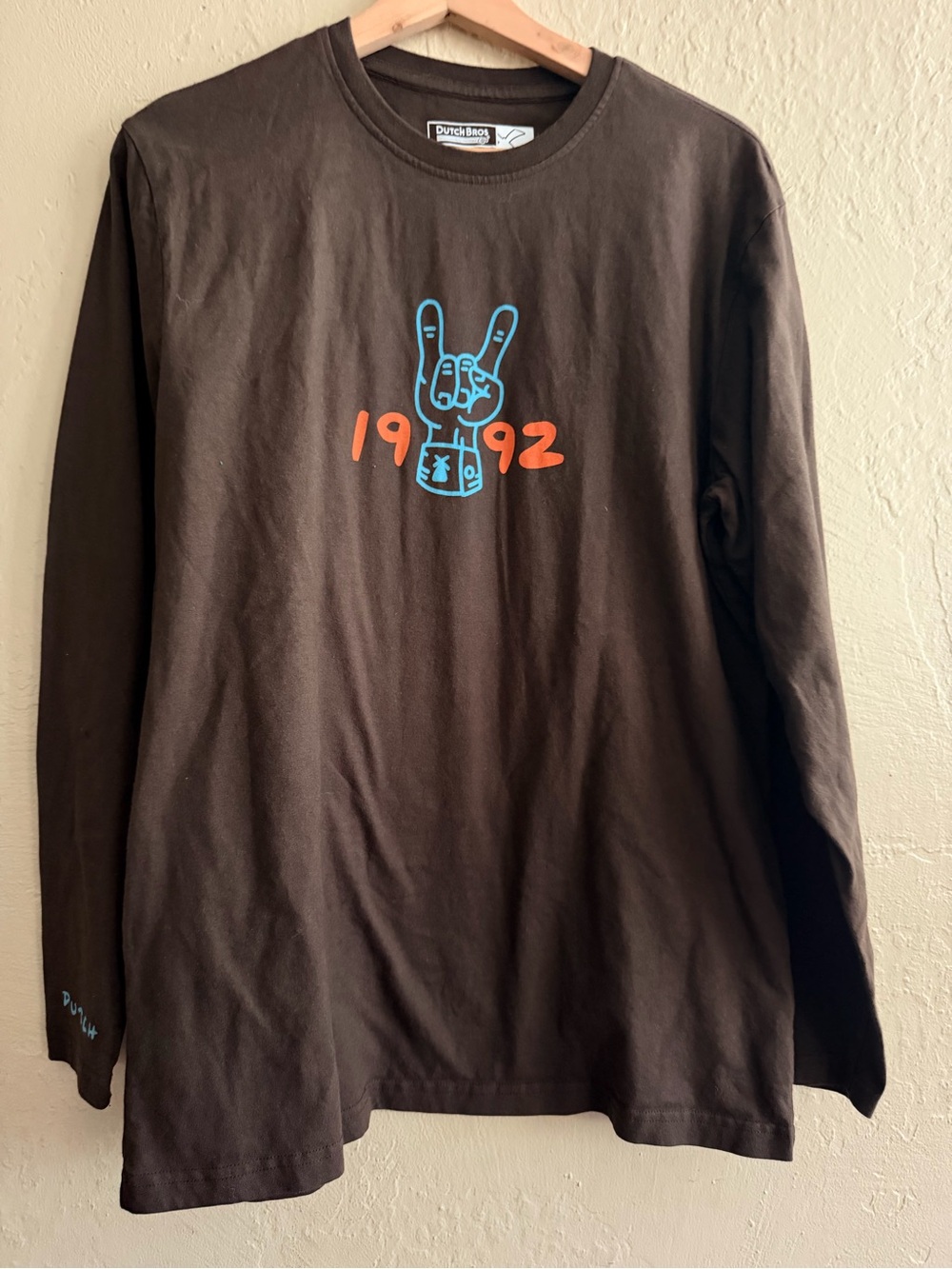 Dutch Bros Brown Long Sleeve Tee with Blue & Orange 1992 Graphic